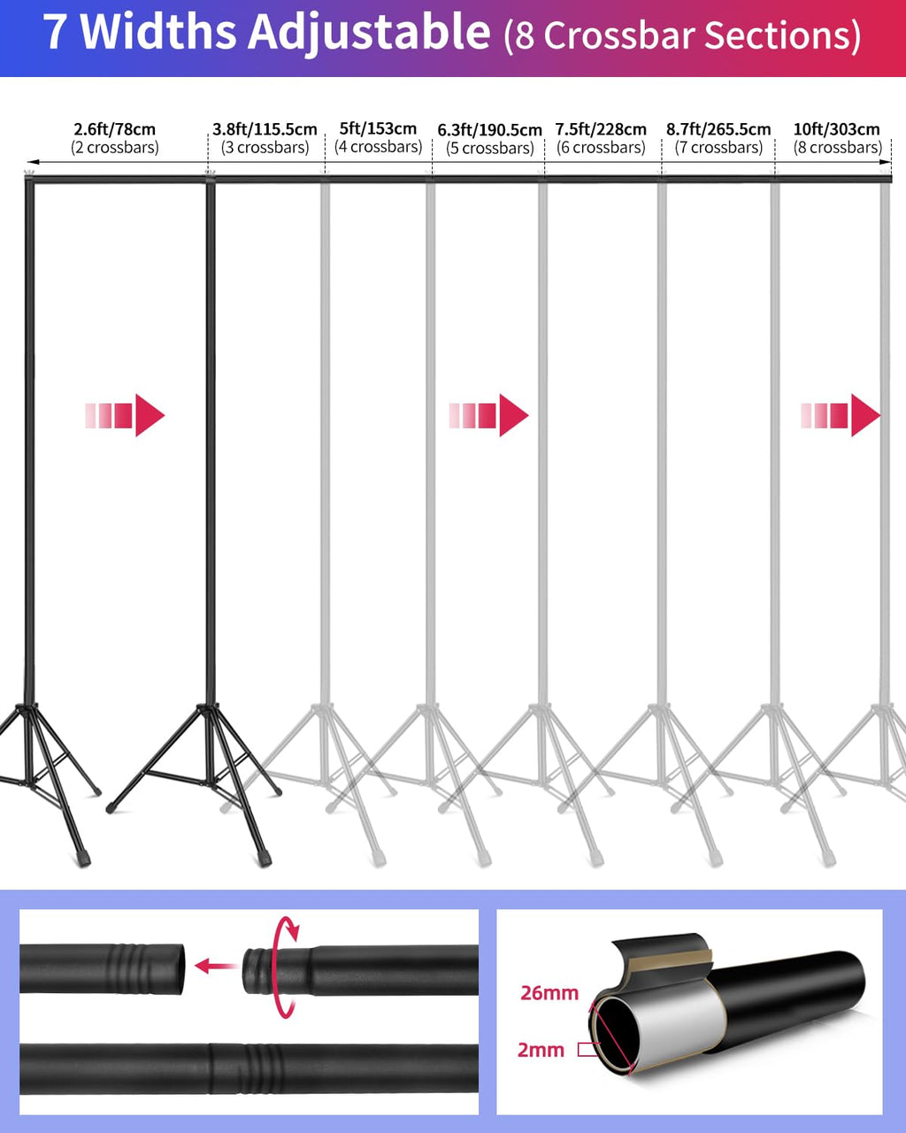 Backdrop Stand 10 x 8 Ft (WxH), 7 Widths Adjustable Background Stand