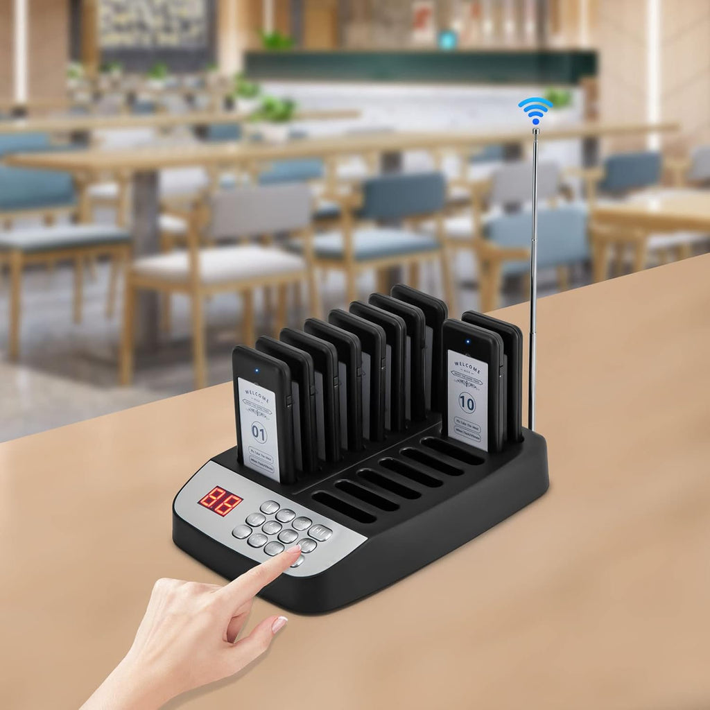 Pager System, Wireless Guest Customer Service Calling System, with 10 Coaster Pagers, Waiting Buzzers Wireless