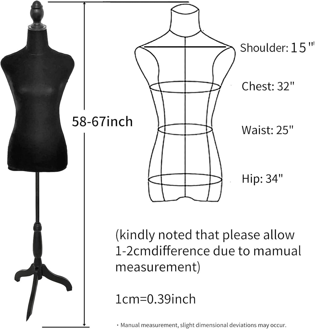 Black Female Dress Form Mannequin Torso Body with Adjustable Tripod Stand Dress Jewelry Display