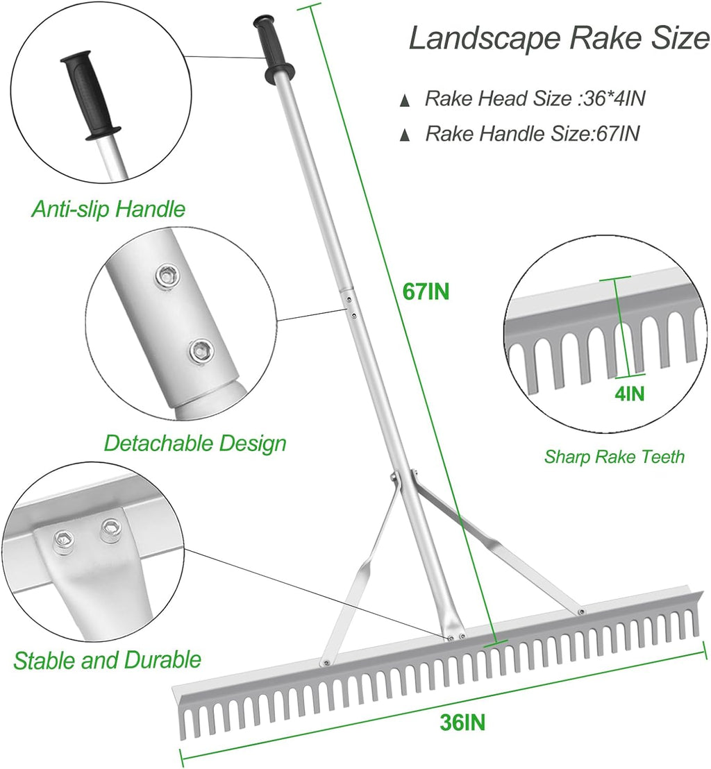 Landscape Rake, 36" Head Aluminum Lake Weed Rake for Lawns Lake Garden Pond | Heavy Duty Rake with 67 Inch Handle