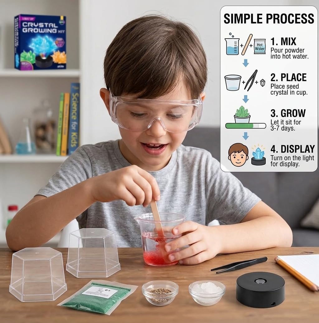 Light Up Crystal Growing Kit for Kids - Grow 6 Vibrant Crystals | STEM Science Experiments DIY Kit with LED Display