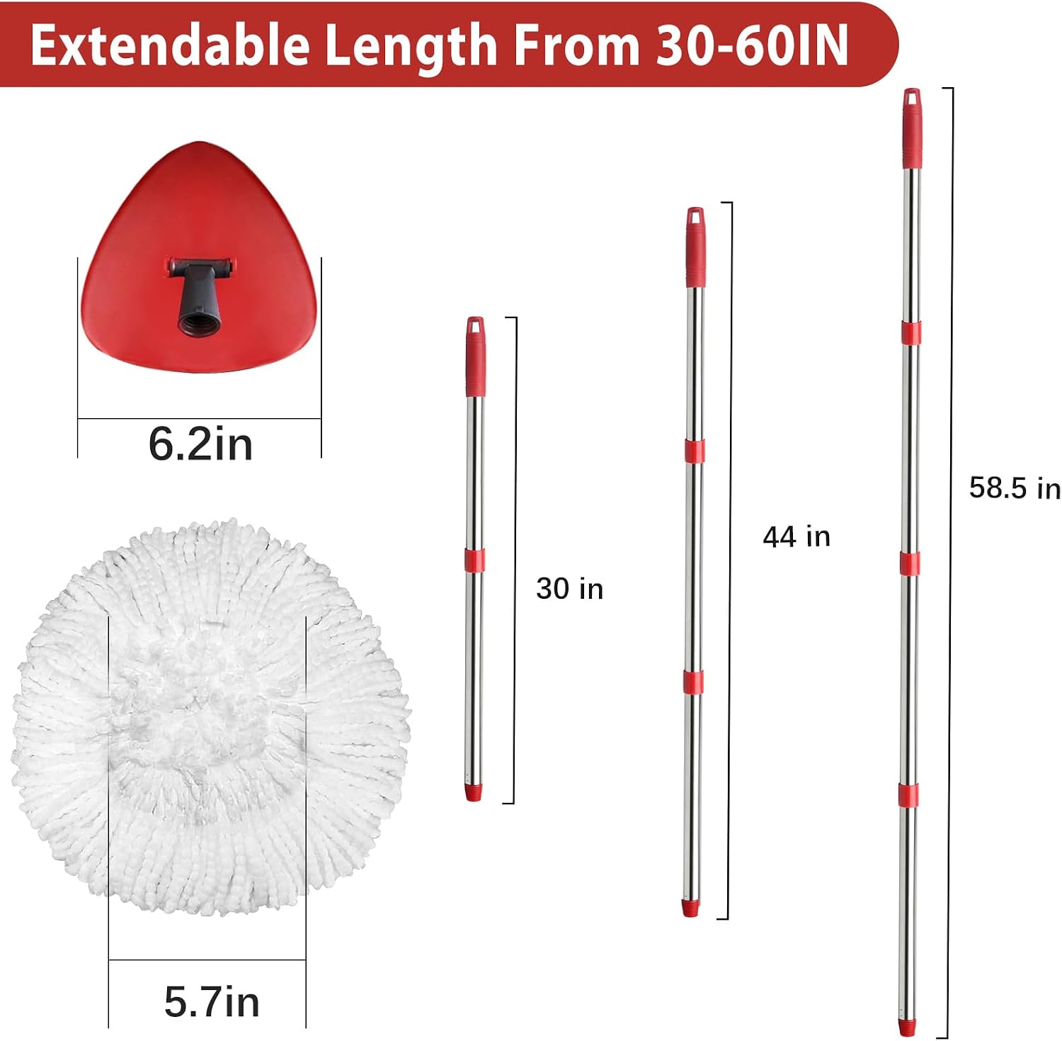 2 Spin Mop Head Replacement, 1 Base, 1 Mop Handle (30-58in) Combo Mops Set Compatible with OCedar EasyWring