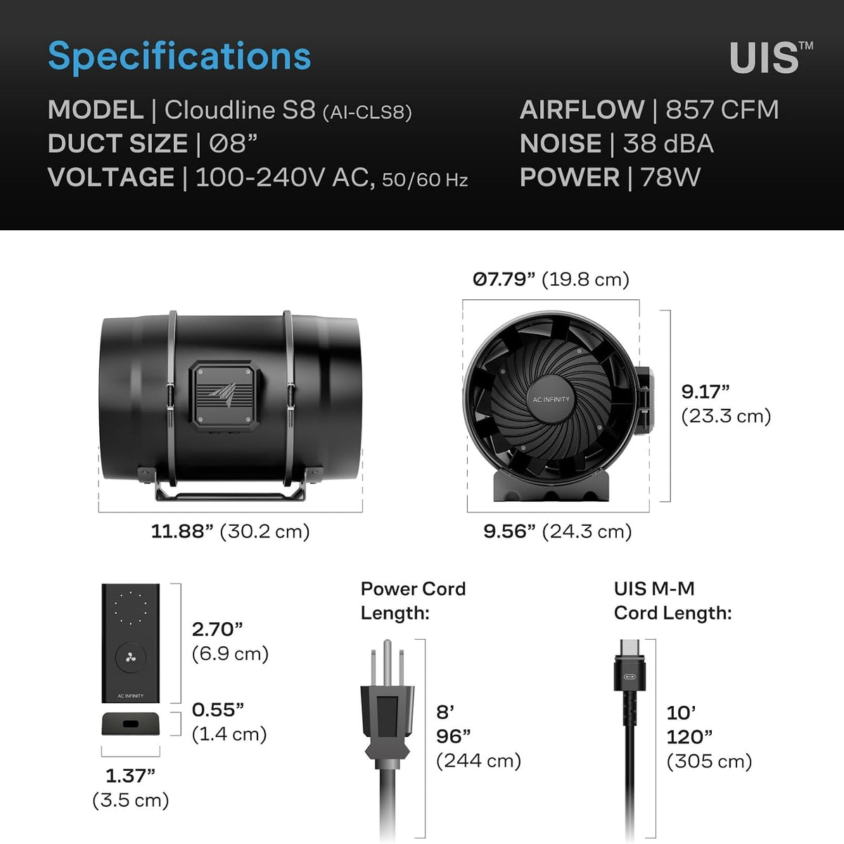 AC Infinity CLOUDLINE S8, Quiet 8” Inline Duct Fan with Speed Controller