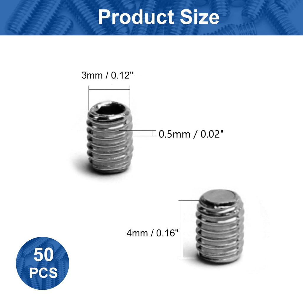 MroMax 50Pcs M3 x 4mm Flat Allen Head Set Screws, 304 Stainless Steel