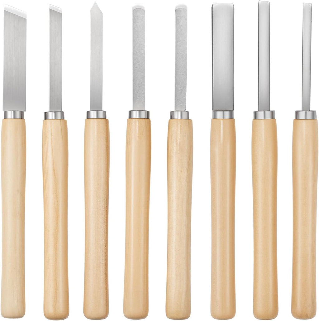 Wood Lathe Turning Tool Set, 8PCS, Lathe Chisel Set with Carbon Steel Blade, 2 Skew, 1 Spear Point, 1 Parting, 1