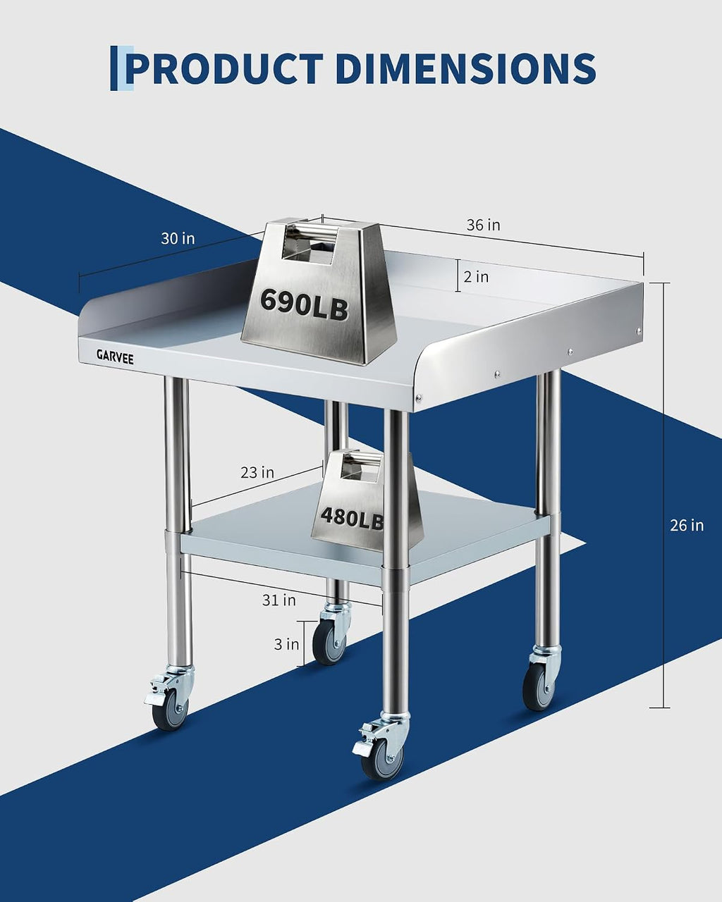 30" x 36" Thickened 1mm Stainless Steel Equipment Stand with Detachable Splashes, Prep Table with Casters &