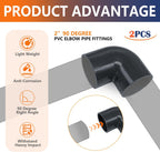 2Pcs 2" 90 Gray Degree Elbow PVC Pipe Fittings Connectors 2 Way Right Angle PVC Elbow For Sch40(Socket x Socket)
