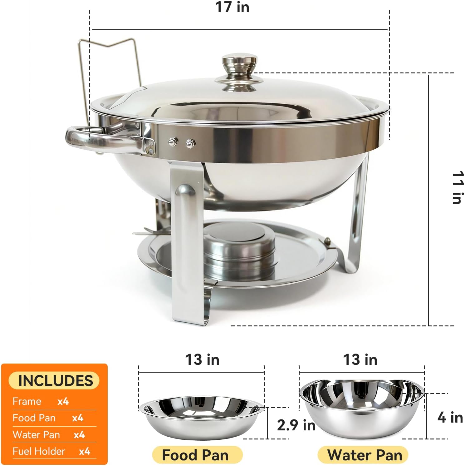 4-Pack Chafing Dishes for Buffet，6QT 304 Stainless Steel Round Chafing Dish Buffet Set - Complete Food Warmers with