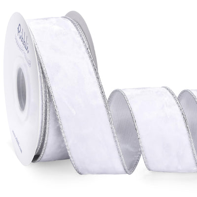 White Velvet Wired Ribbon 1.5 Inch Metallic White Silver Crushed Velvet Christmas Ribbon for Gift Wrapping Christmas