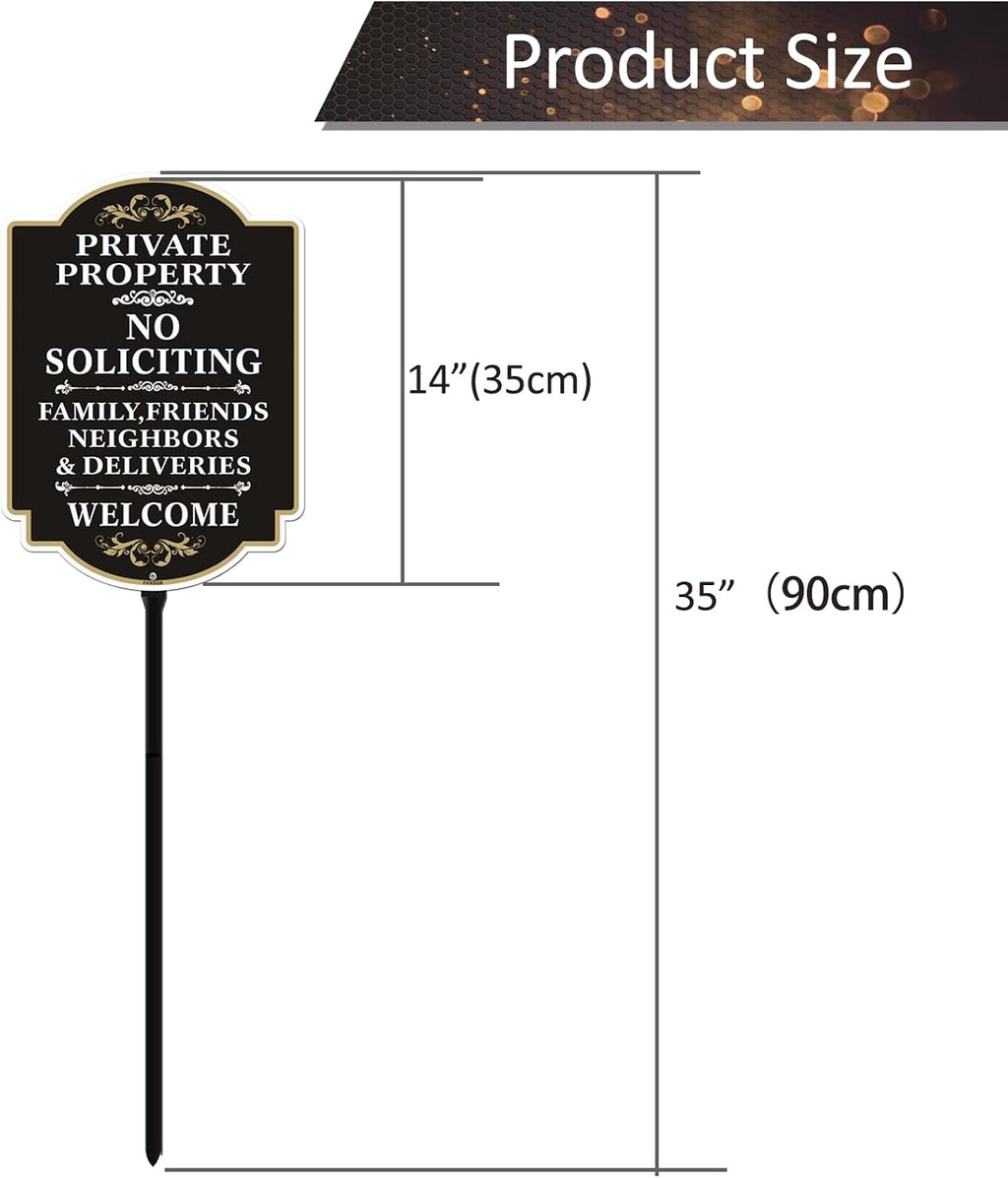 No Soliciting Sign with A Sturdy 35-inch Height Stake Aluminum | 12 x 8 inch Private Property Sign Black UV Protected