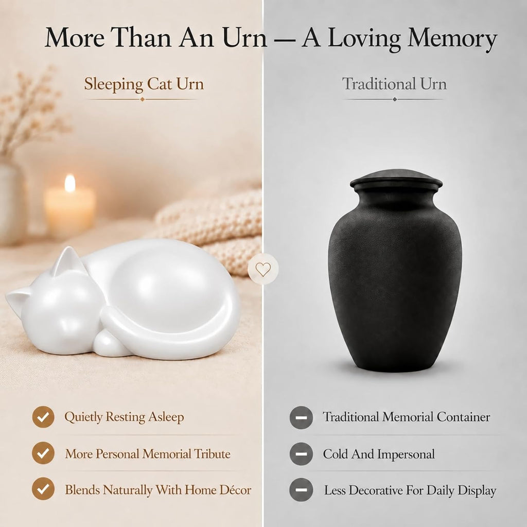 Handmade Sleeping Cat Urn for Ashes - Elegant White Pet Memorial Statue