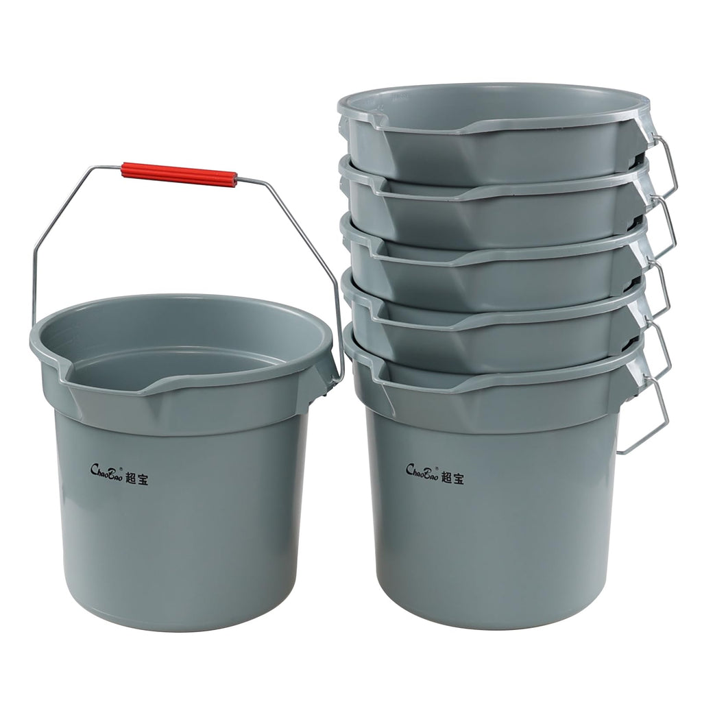 6-Pack 14 Quart Plastic Cleaning Round Bucket with Handle, Gray