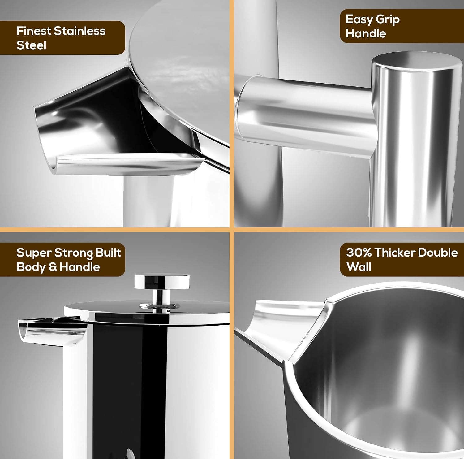 304 Grade Stainless Steel French Press 34 Oz, Silver | Double Wall Insulated Coffee Press with 4-Level Filtration