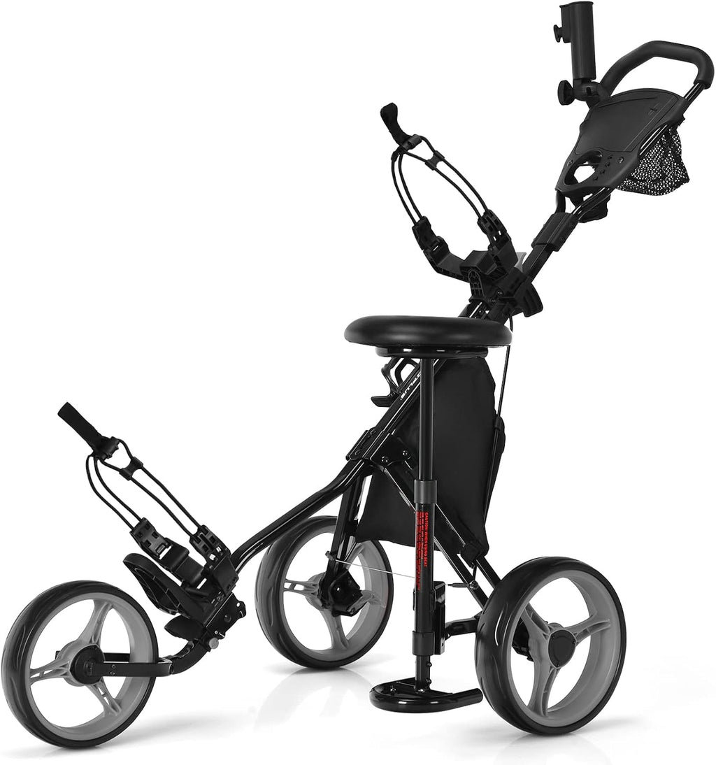 Golf Push Pull Cart with Seat, Lightweight Foldable Collapsible 3 Wheels Push Cart, Golf Trolley with Foot Brake