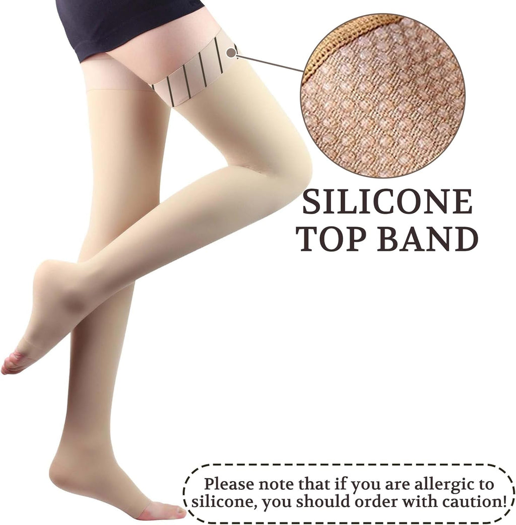 15-20 mmHg Compression Stockings for Women & Men, Thigh High Dot-Top Open Toe, Leg Support for Daily & Travel Comfort