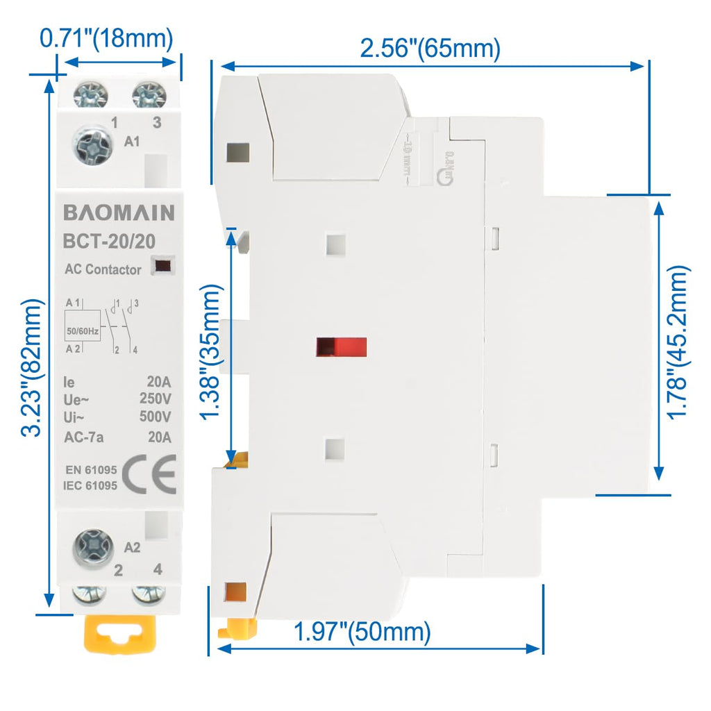 BAOMAIN 24V AC 2-Pole 20A Modular Contactor, 2NO, DIN Rail Mount