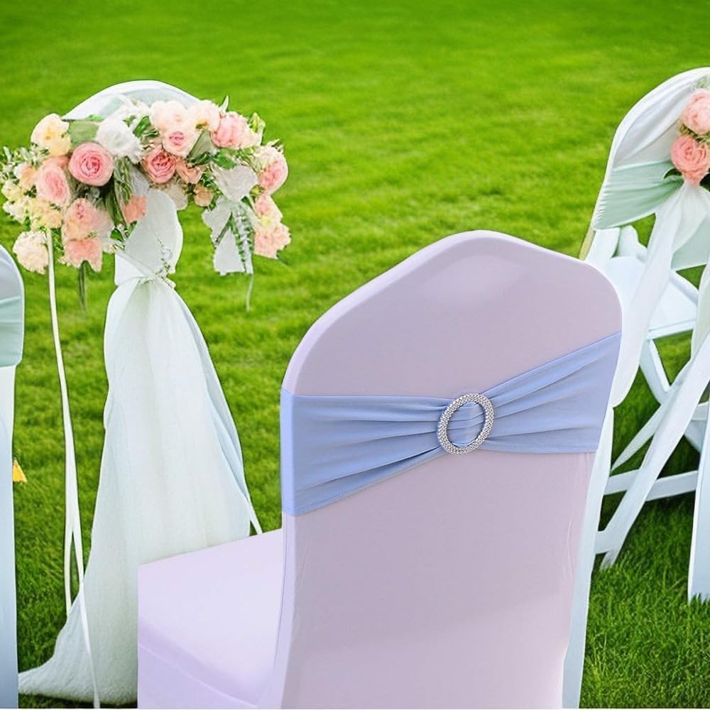 10PCS Chair Cover Stretch Band with Buckle Slider Sashes Bow Wedding Banquet Chair Decoration (Light Blue)