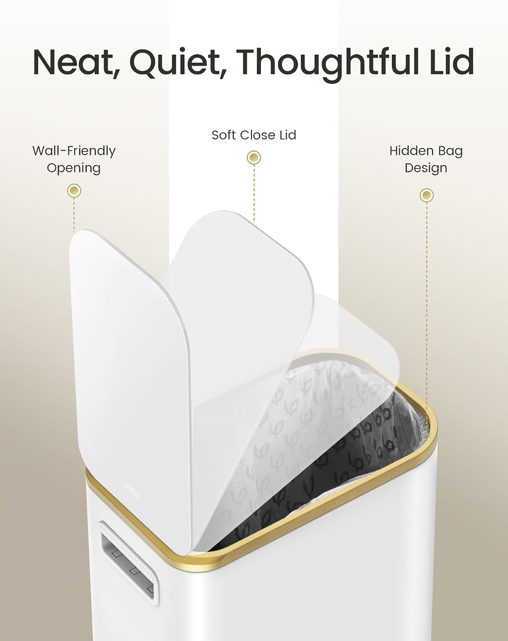Small Bathroom Trash Can with Gold Grimmed Lid & Pedal, 1.3Gal, White | Soft Close Lid, Removable Inner Bucket, Slim