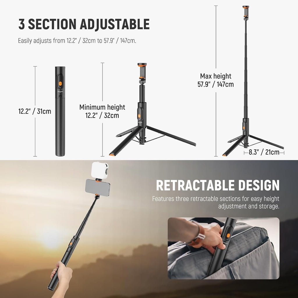 57.9" Selfie Stick Tripod Compatible with iPhone Samsung Android, Metal Portable Lightweight Travel Cell Phone Stand
