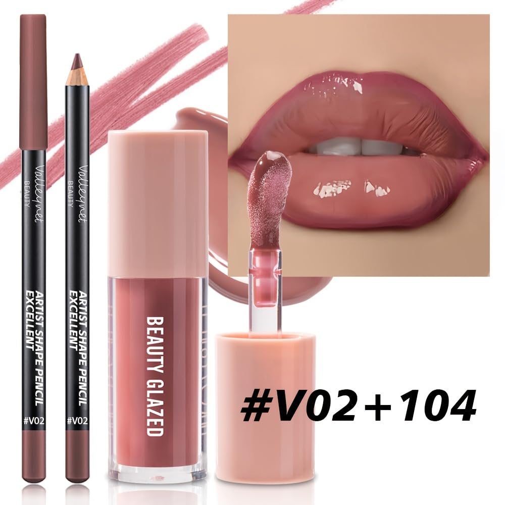 2Pcs/Set Lip Gloss & Lip Liner Set Mocha Brown – Lip Plumping Effect Lip Combo Set for Volume Lips, Fuller Looking
