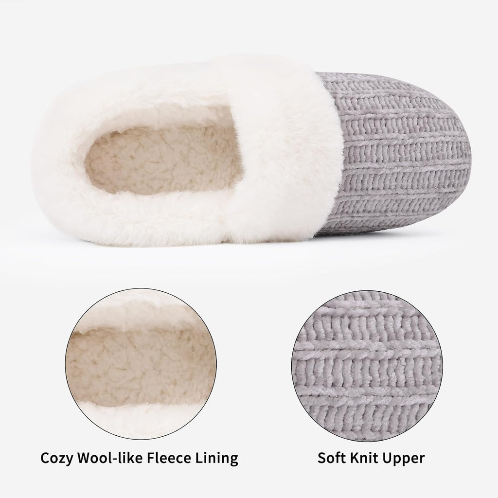 Fuzzy Memory Foam Slippers for Women Closed Back Knit House Shoes | Soft Faux Lamb Wool Lining, Non-Slip Rubber Sole