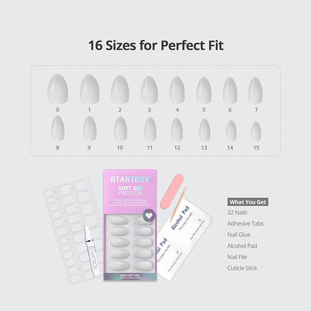 Press On Nails, Short Almond White Fake Nails, 32Pcs Full Kit