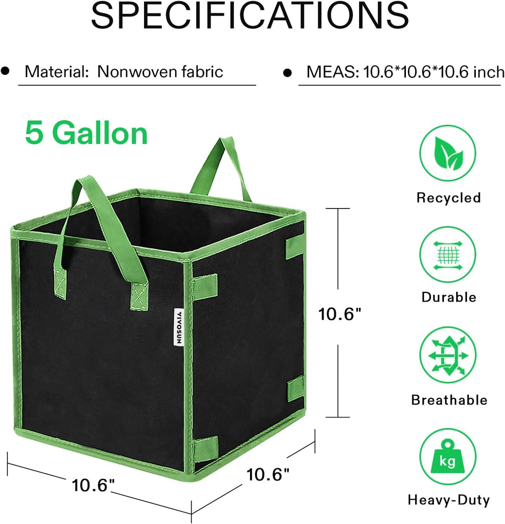 VIVOSUN 5 Pack 5 Gallon Square Grow Bags, Thick Nonwoven Cubic Fabric Pots with Handles for Indoor and Outdoor