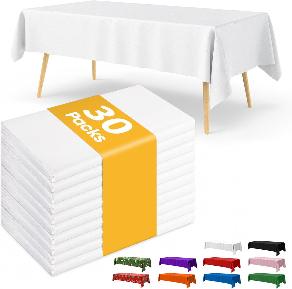 White Plastic Table Cloth - 30 Pack 54" × 108" Rectangle Disposable Tablecloths for 6FT Tables, Waterproof Table
