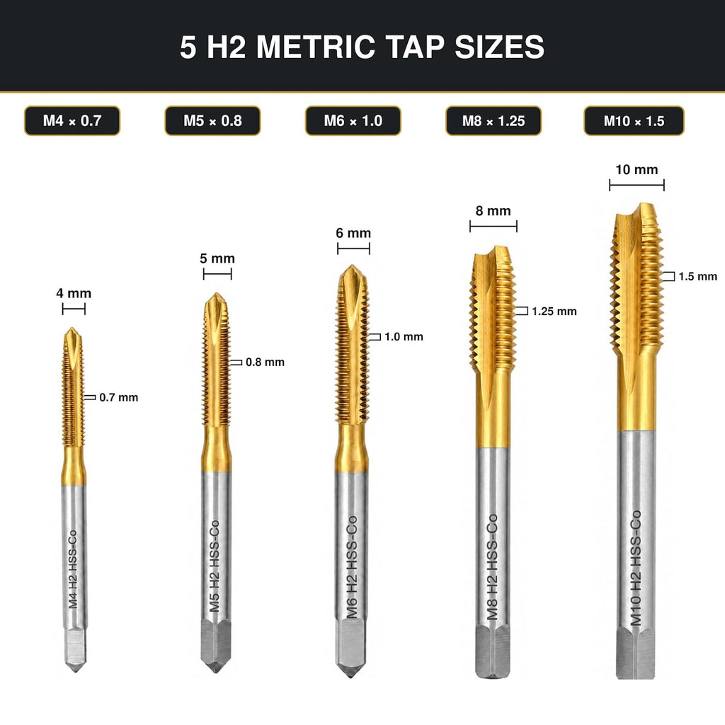5Pcs Metric Spiral Point Taps Set, M35 Cobalt HSS, Titanium Coated