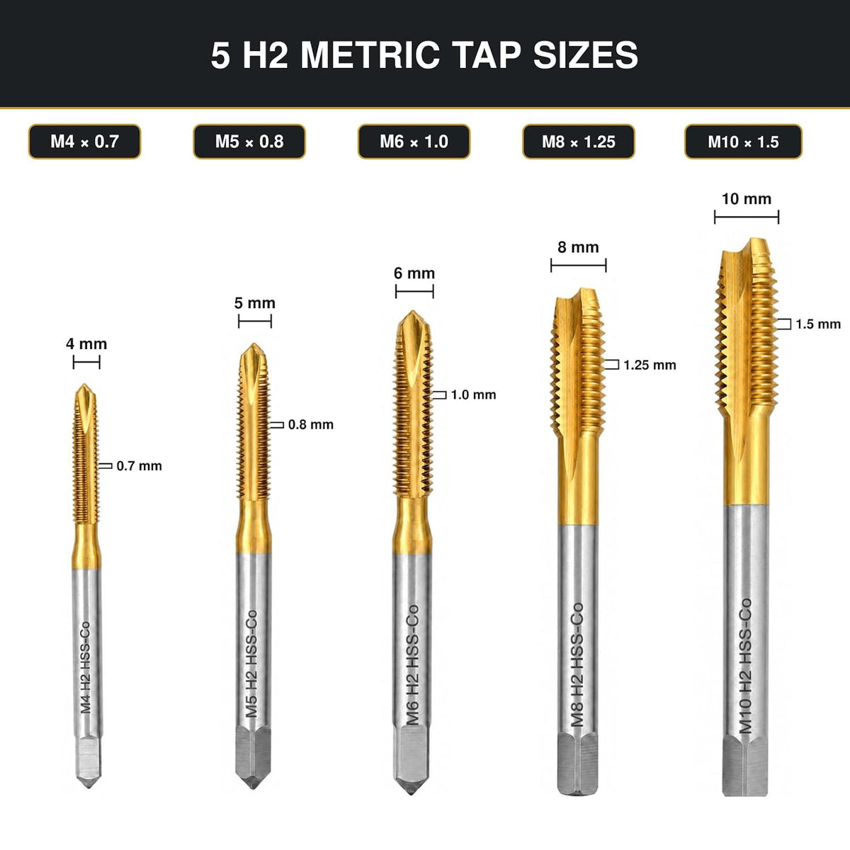 5Pcs Metric Spiral Point Taps Set, M35 Cobalt HSS, Titanium Coated