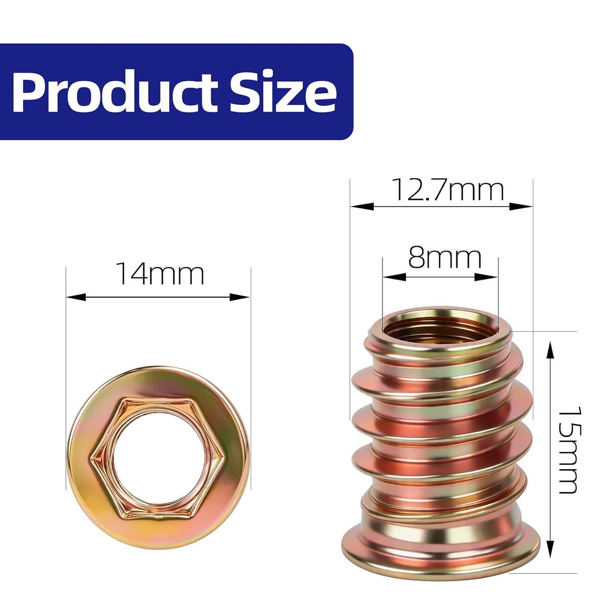 M8 x 15mm Threaded Inserts for Wood, Zinc Plated Carbon Steel Hex Socket Drive Insert Nuts for Wood Furniture, Hex Spanner Included, 40 PCS