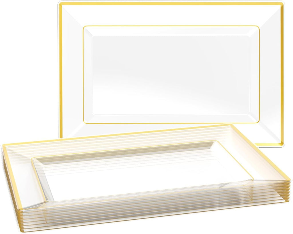 8 PCS Plastic Serving Trays for Party, Clear Gold Rim Platters