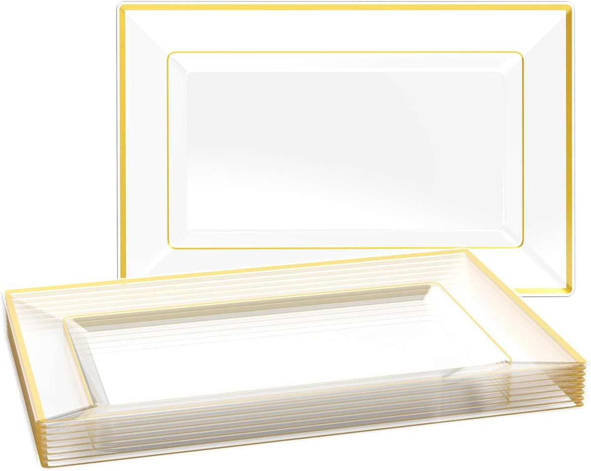 8 PCS Plastic Serving Trays for Party, Clear Gold Rim Platters