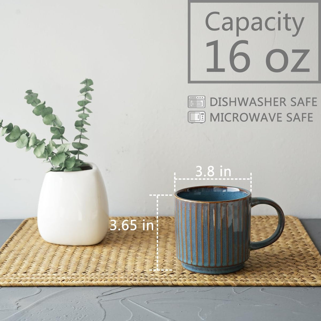 Stackable Ceramic Coffee Mug Set of 4, 16 Oz, Coffee Cups, Microwave Safe, Unique Reactive Glaze (Teal, 16 Oz)
