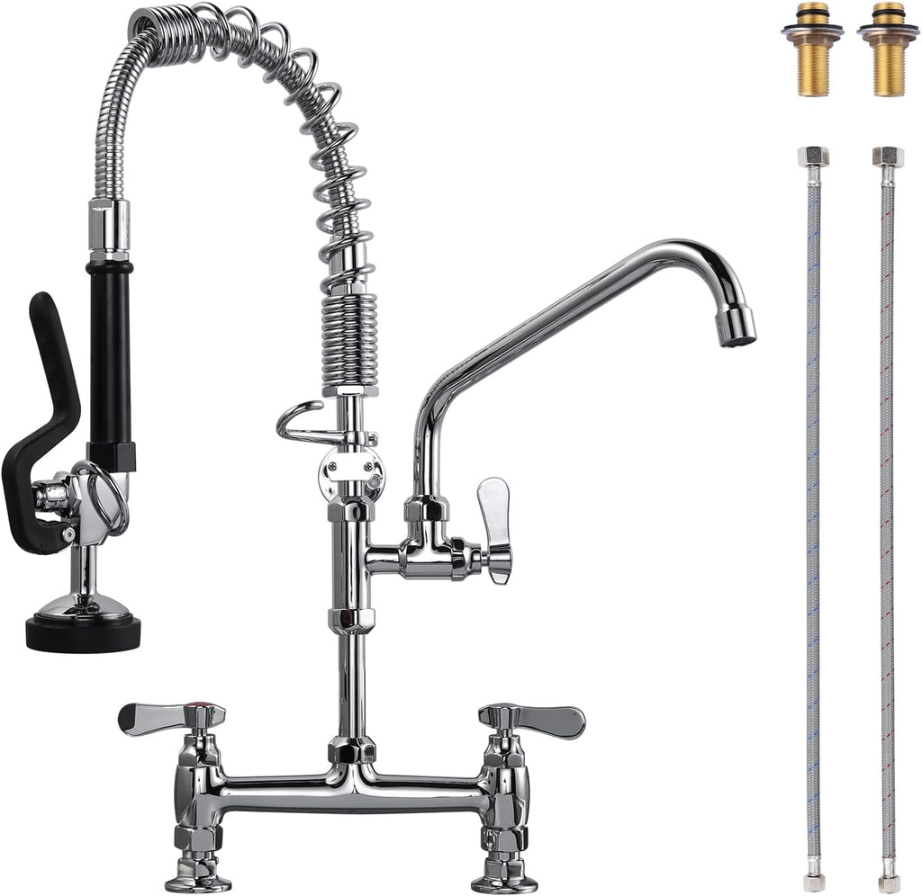 Commercial Kitchen Faucet Deck Mount with Pre-Rinse Sprayer 21" Height Kitchen Sink Faucet 8 Inch Center with 10"