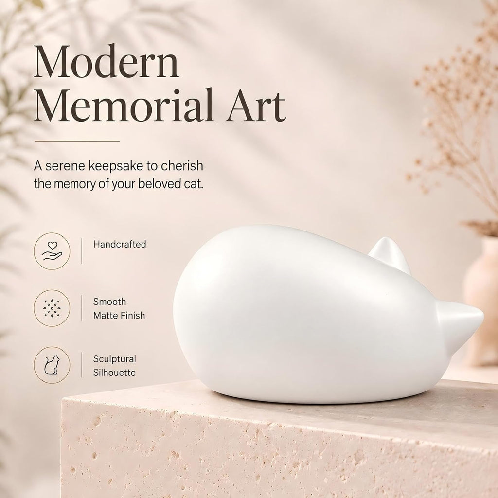 Handmade Sleeping Cat Urn for Ashes - Elegant White Pet Memorial Statue