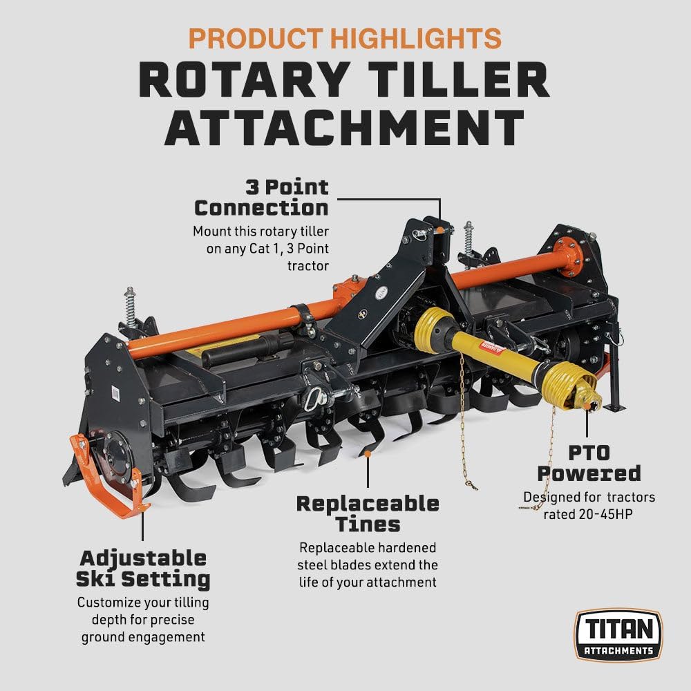 3 Point 72" Rotary Tiller Attachment Fits Cat 1 Tractors, Charcoal Finish, Single Speed PTO Driven Cultivator with a