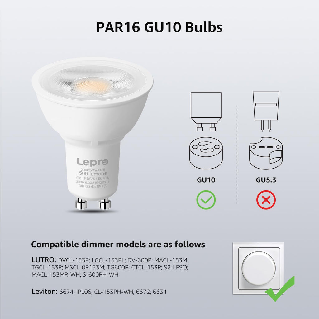 Dimmable GU10 LED Light Bulbs 5.5W 500LM 5000K Daylight White 6 Pack