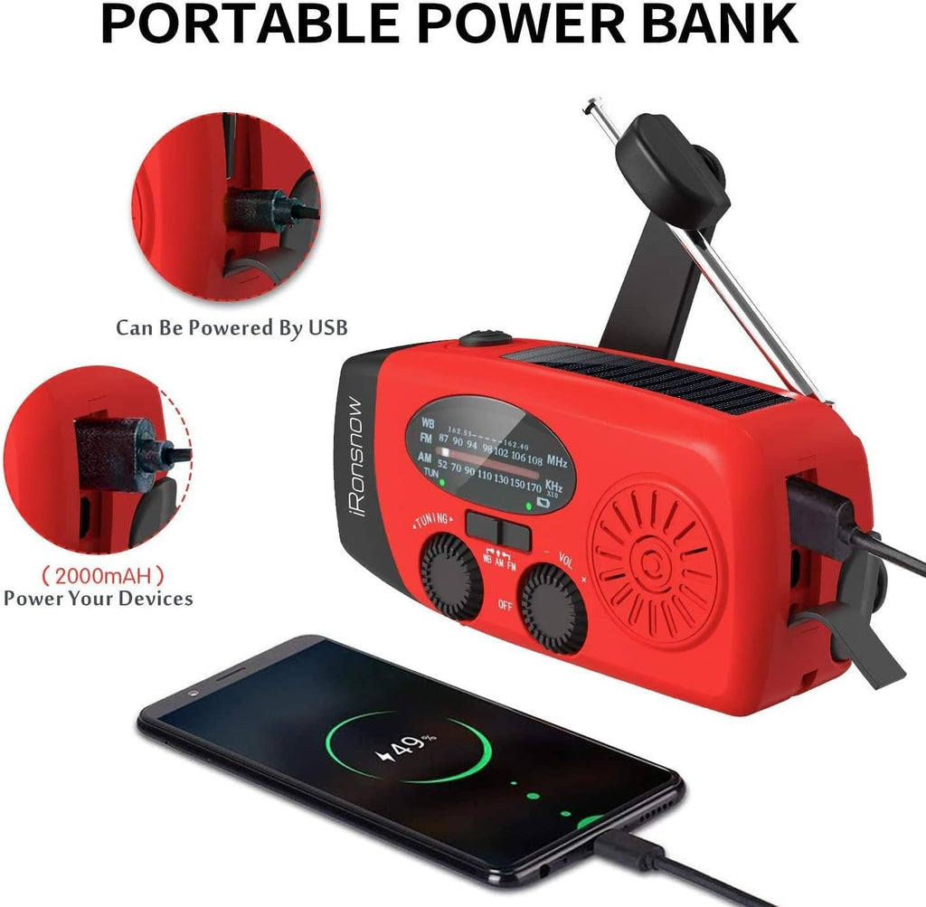 Solar Emergency Hand Crank Weather Radio, 2000mAh NOAA AM/FM | Portable Self Powered Radios with SOS Alarm LED
