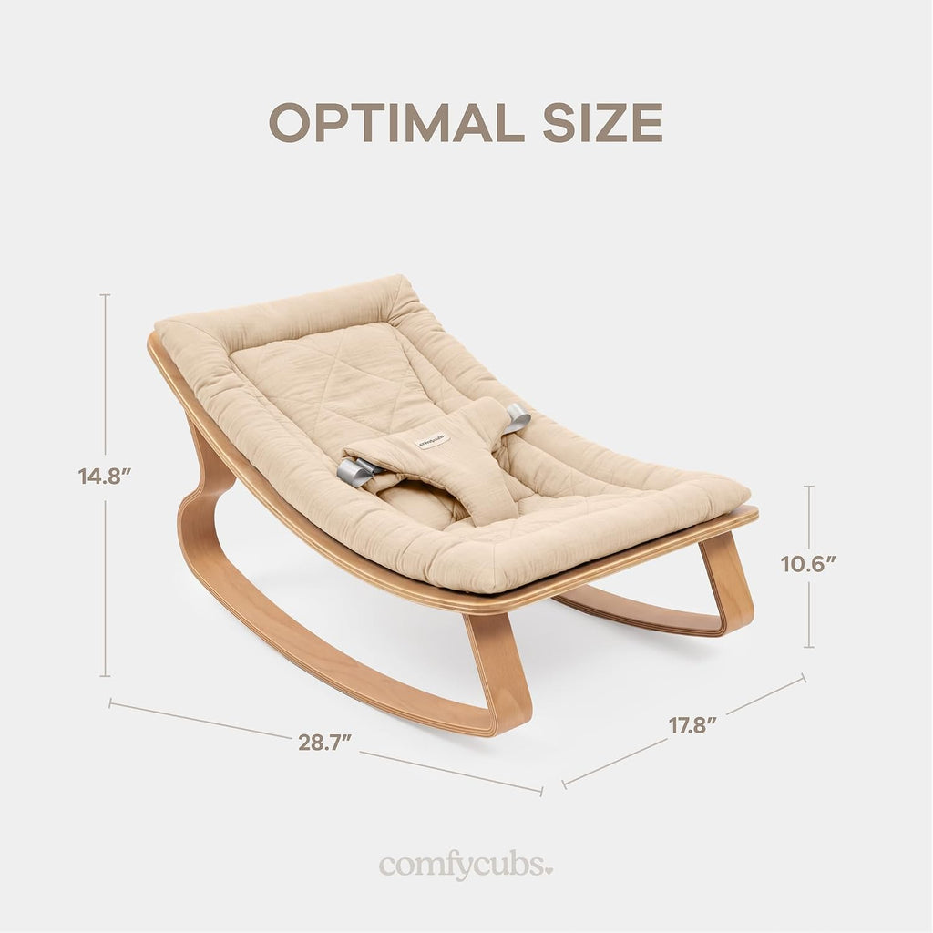 Baby Rocker for Ages 0-24 Months - Wooden Baby Recliner with Soft Removable Quilted Muslin Cotton Cushion - Designed