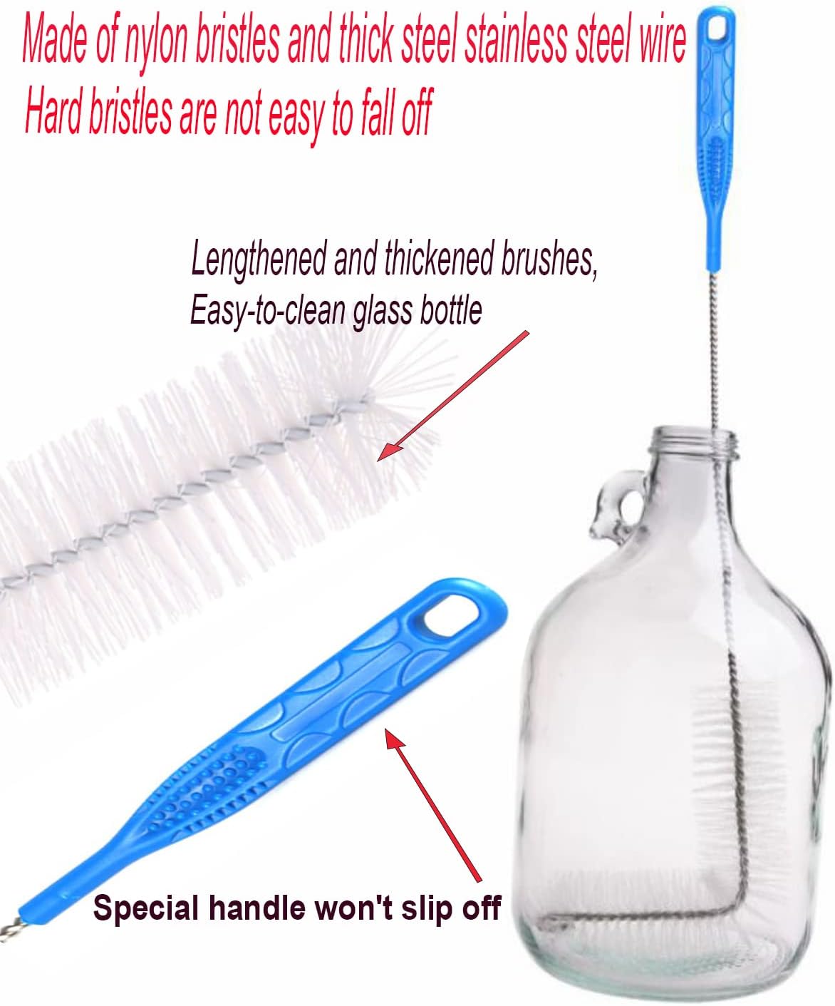 Carboy Brush, Cleaning 2 Piece 30 inch Nylon Brushes, and Stainless Steel Extended Handle Water Bottle Brushes for 3