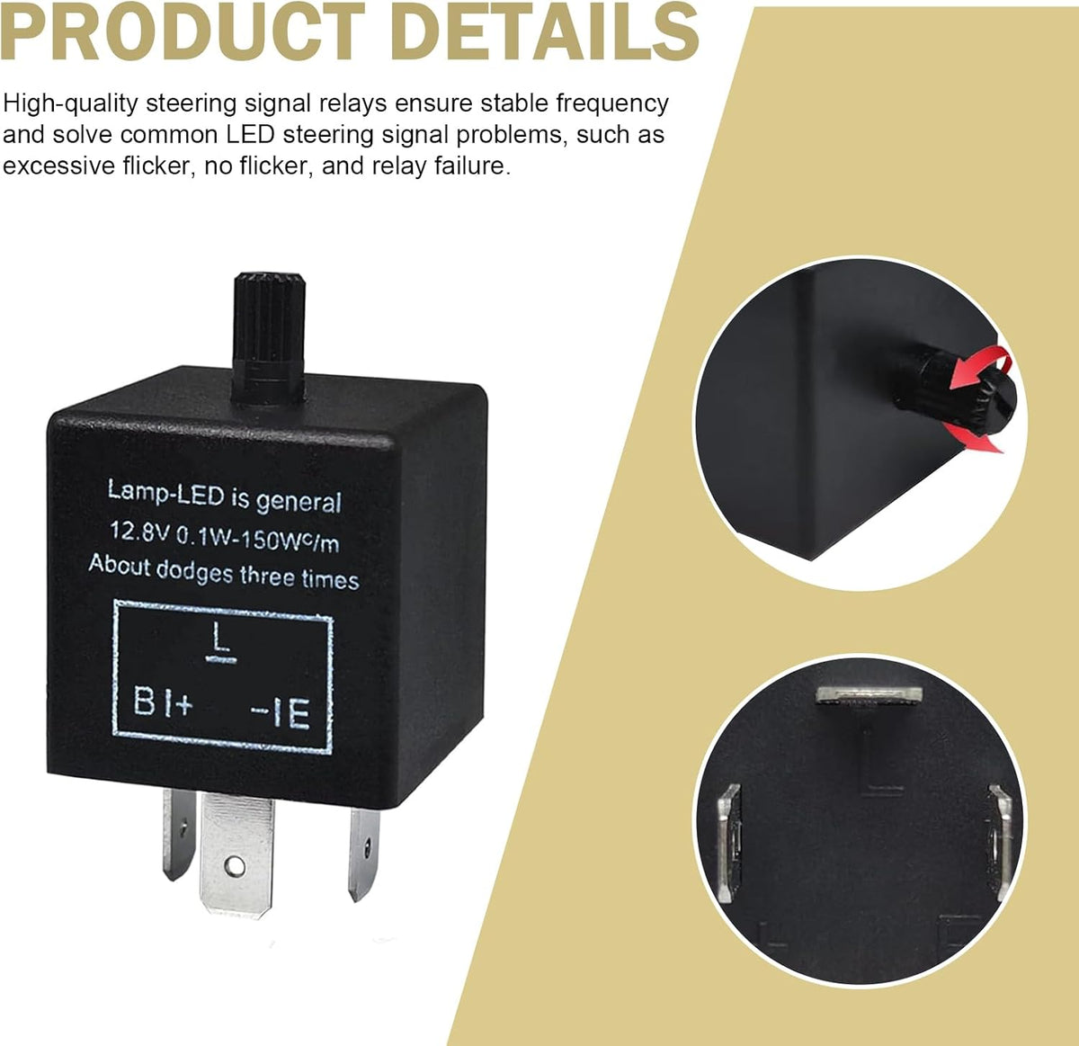 LED Flasher Relay, Three Pin Flame Retardant Fireproof CF13KT Fixed Frequency Solution Adjustable Relay, Replacement Tuning Accessory, Suitable for Most Cars (Black)