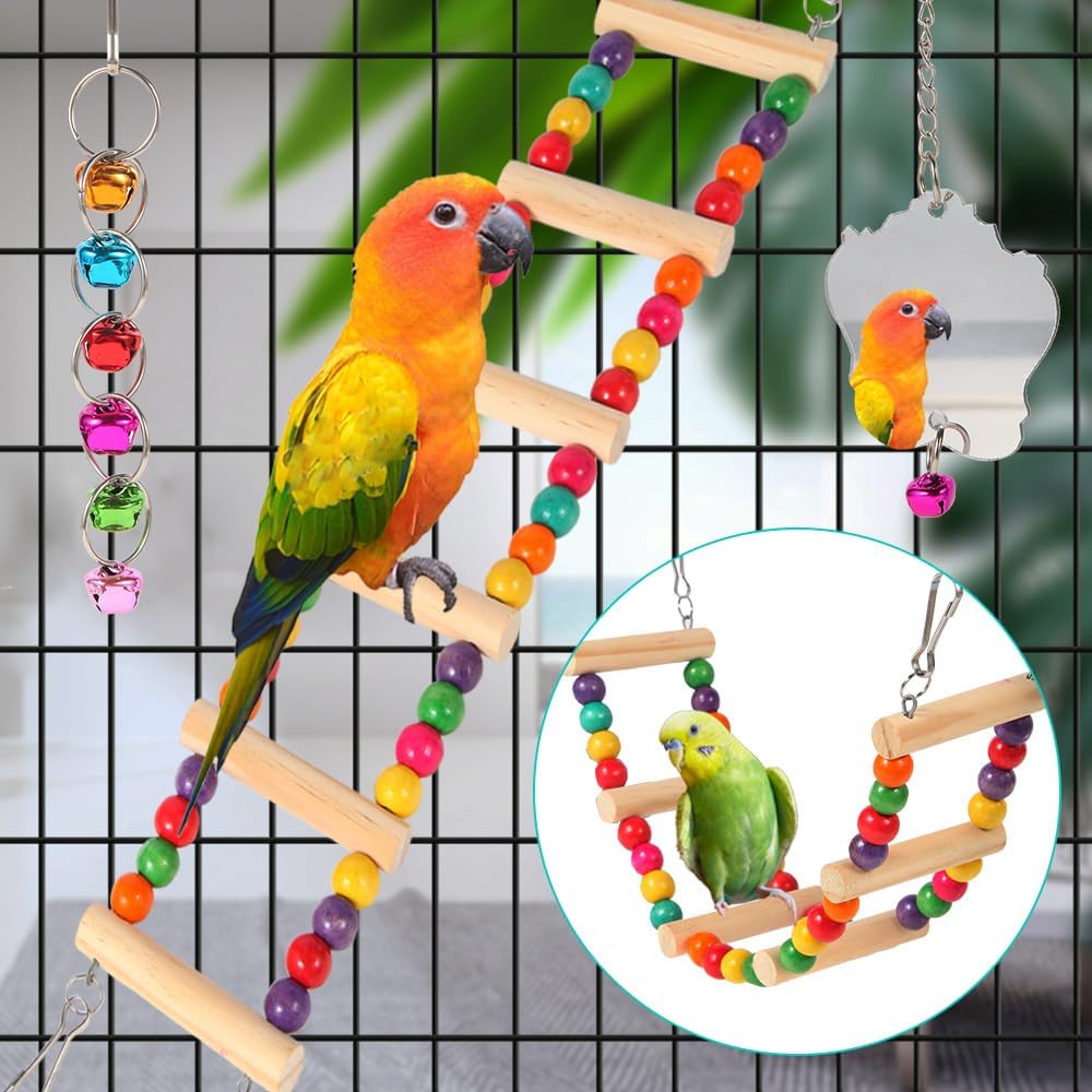 Bird Toys for Parakeets, Parrots, Conures, Cockatiels, Love Birds, Finches, Mynah, Budgerigar - 9Pcs Wooden Ladder