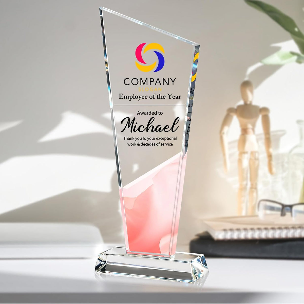 Personalized Crystal Trophy Award - Custom Plaque Award with Text Logo Photo - Employee Recognition Awards and