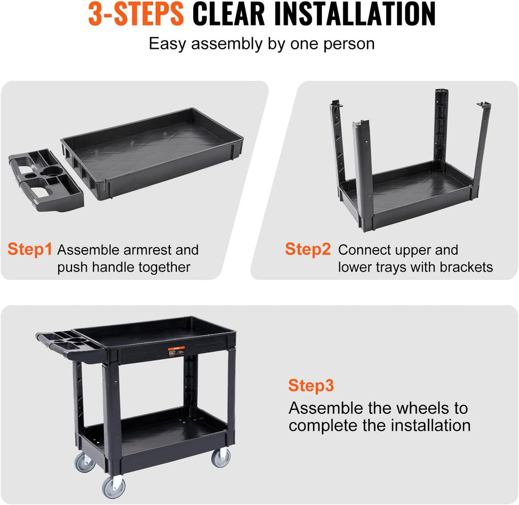 Utility Service Cart, 2 Shelf 550LBS Heavy Duty Plastic Rolling Utility Cart, Medium Lipped Shelf, 360° Swivel