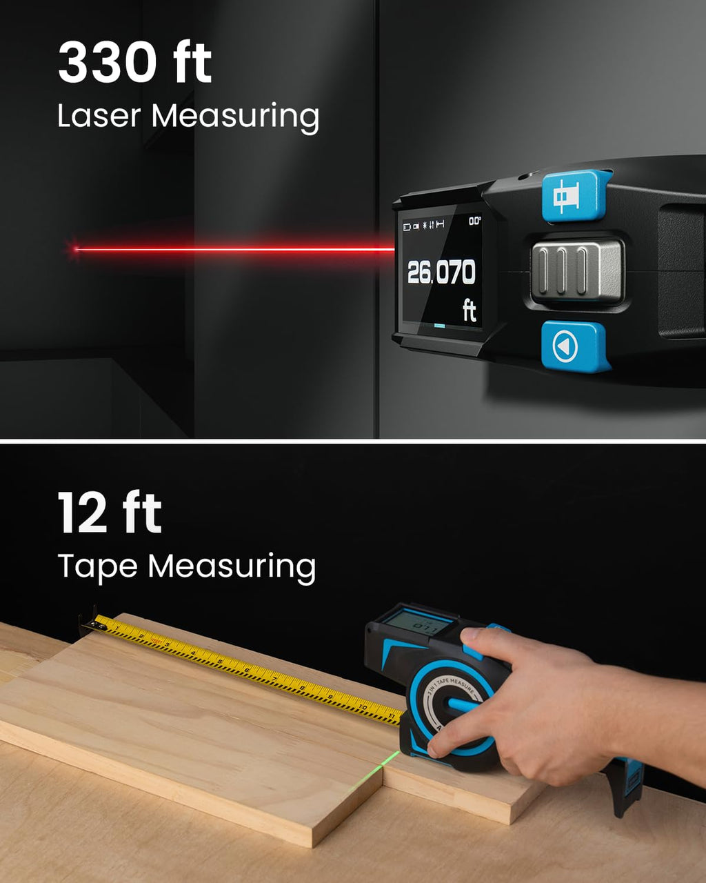 Digital Tape Measure 12ft Tape ±1.5mm & 330Ft Laser Distance Meter | Smart App Sync, USB-C Recharge 8H Battery, 8