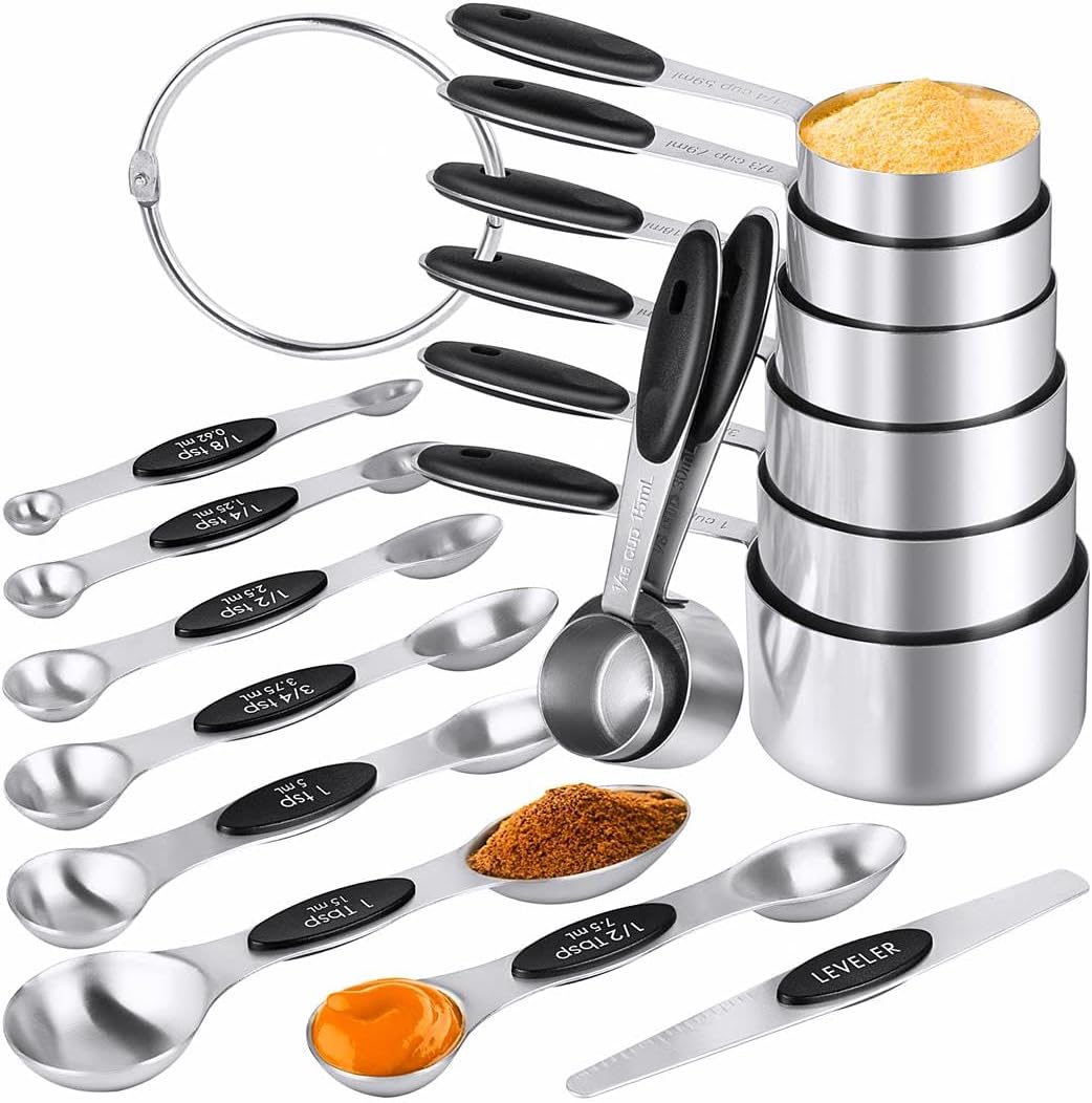 Measuring Cups & Spoons Set of 16, BOBIPRO Stainless Steel 8 Nesting Measure Cups Set & 7 double-sided Magnetic
