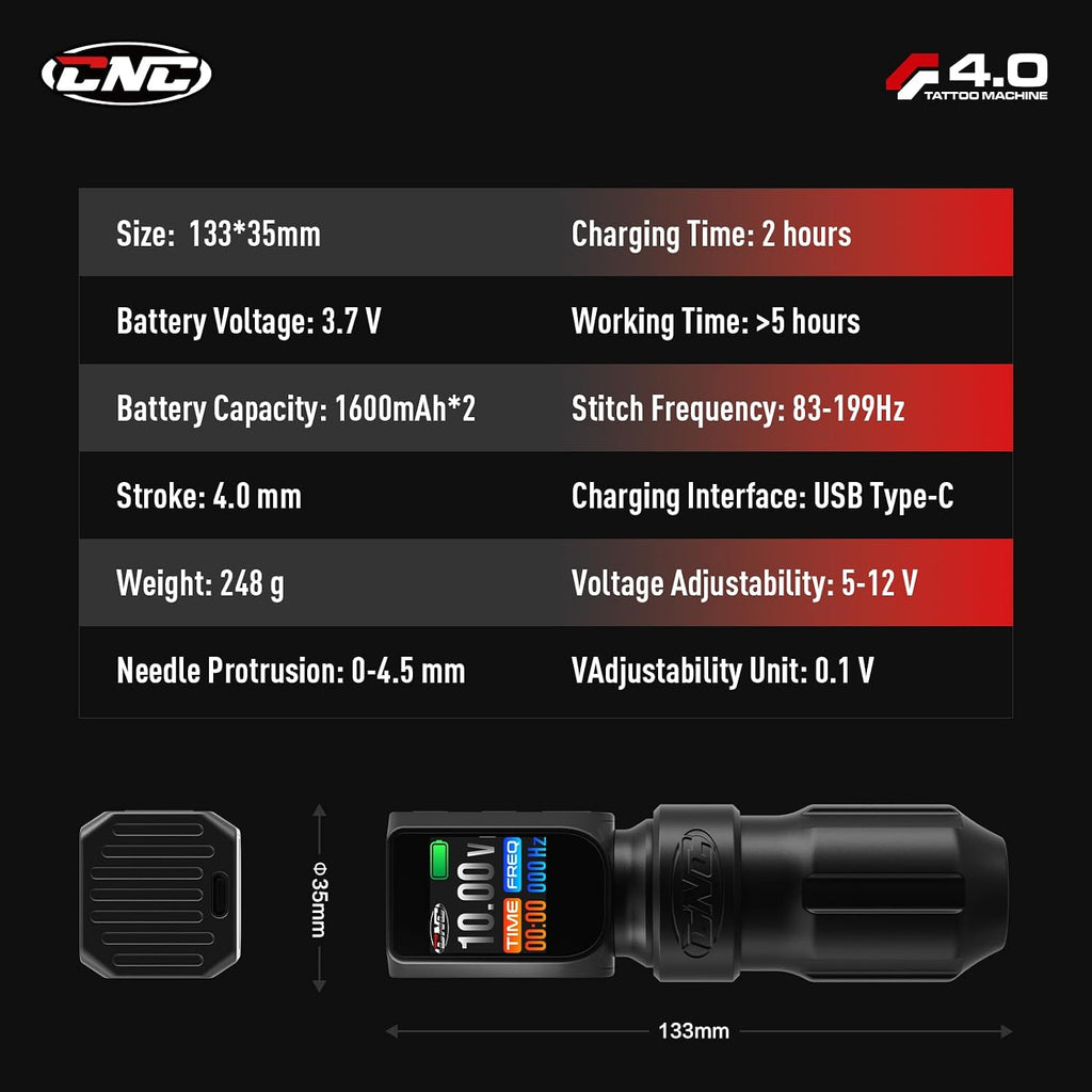 Wireless Tattoo Machine, Rotary Pen with 3200mAh Dual Batteries Power Supply Tattoo Gun LED Display 4.0 Stroke