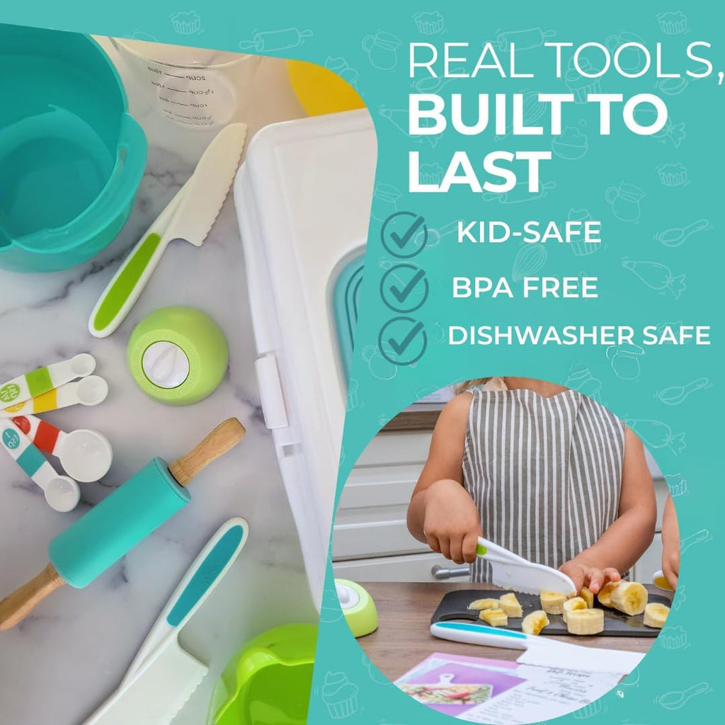JR Kids Real Cooking and Baking Ultimate Gift Set | Montessori Kid-Safe Knives, Apron, Visual Cookbook, Timer