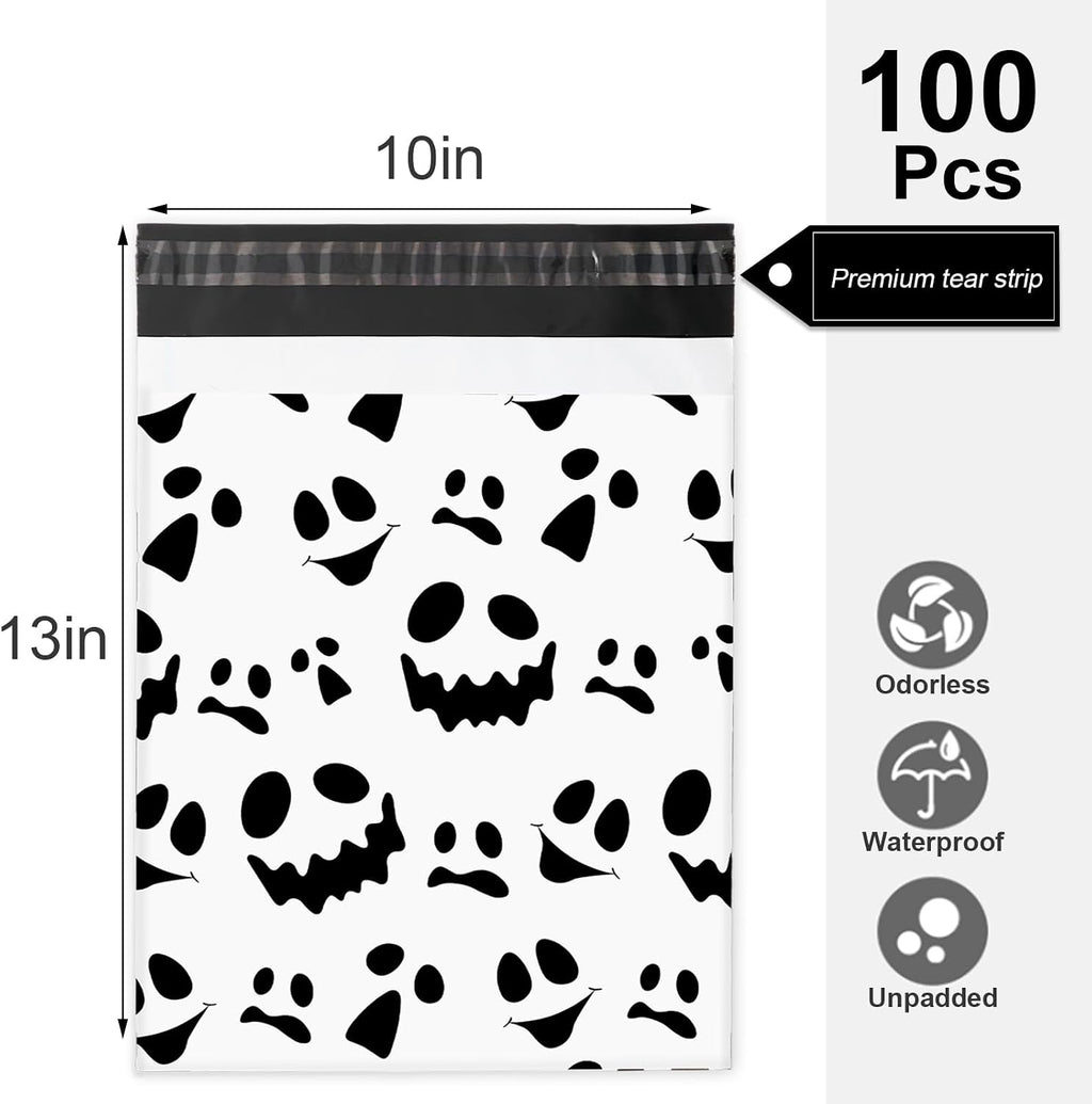 100 Pcs Halloween Poly Mailers 10 x 13 Inch White Black Ghost Expression Packaging Bags Self Seal Mailing Envelope